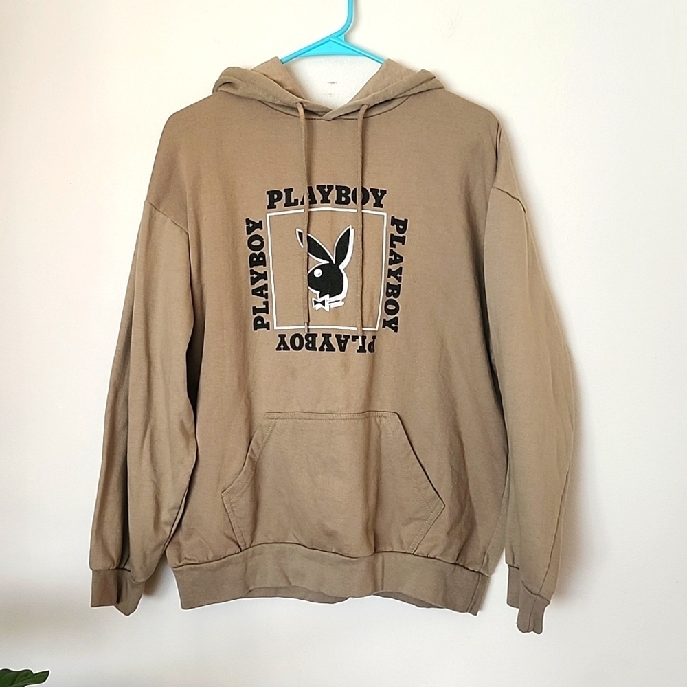 Playboy tan pullover hoodie, box logo, playboy bunny, large.